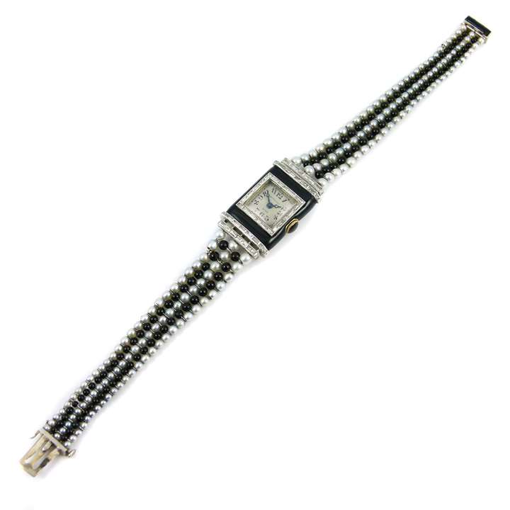 Art Deco diamond, black enamel, pearl and onyx lady's wristwatch
